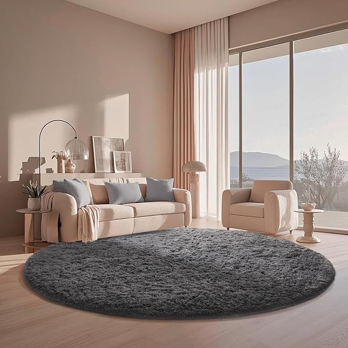 Ophanie Round Rug 6Ft Grey Circle Area Rugs, Fluffy Fuzzy Large Bedroom Carpet - Image 5