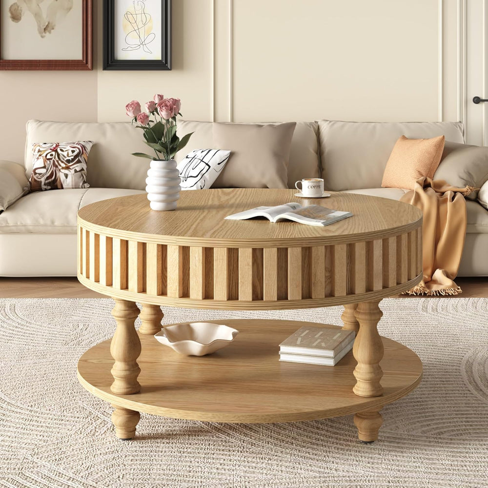 TesNus 31.5'' Round Coffee Table with Storage, Modern Wood Coffee Tab...