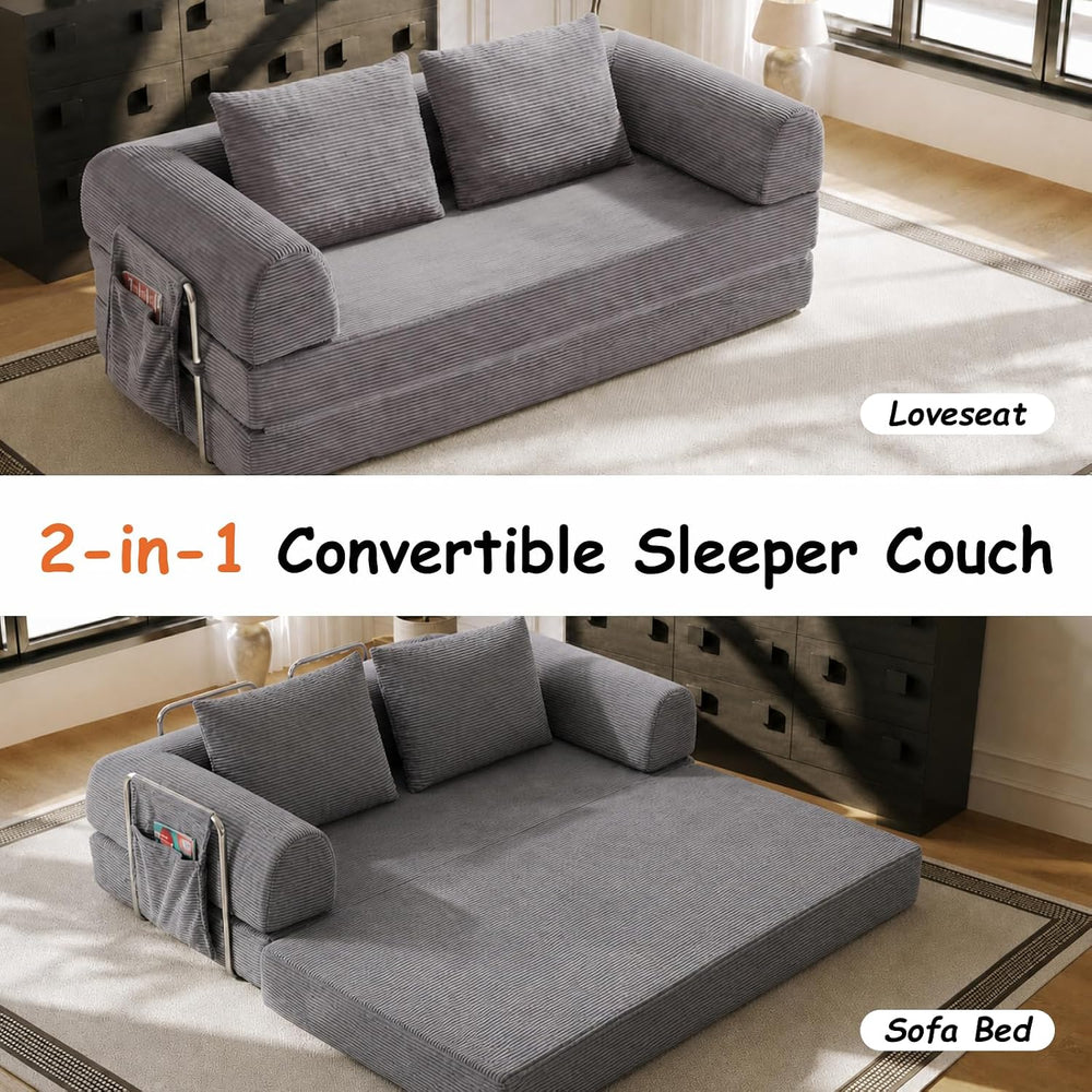 78" Convertible Sofa Bed, Corduroy Pull Out Couch with Fixed Frame &...