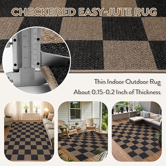 Lahome Checkered Easy Jute Living Room Rugs, 5x7 Black Dining Room Office Rug - Image 4