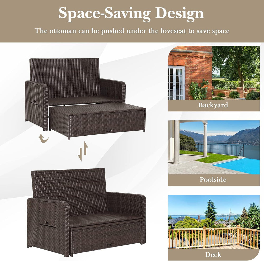 Tangkula Patio Rattan Daybed with 4-Level Adjustable Backrest, Red Cushion