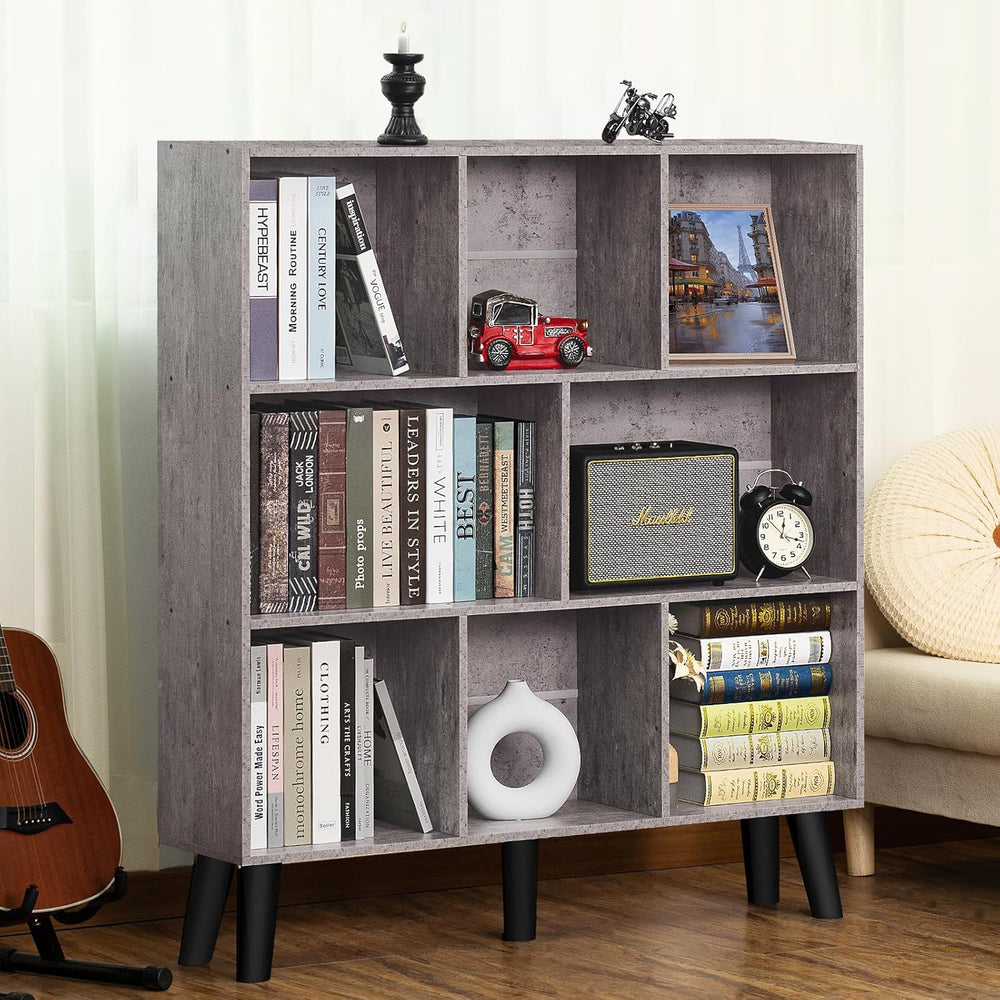 LEYAOYAO 8 Cube Bookshelf,Farmhouse Bookcase with Legs,Modern Dirty Grey Mid-...