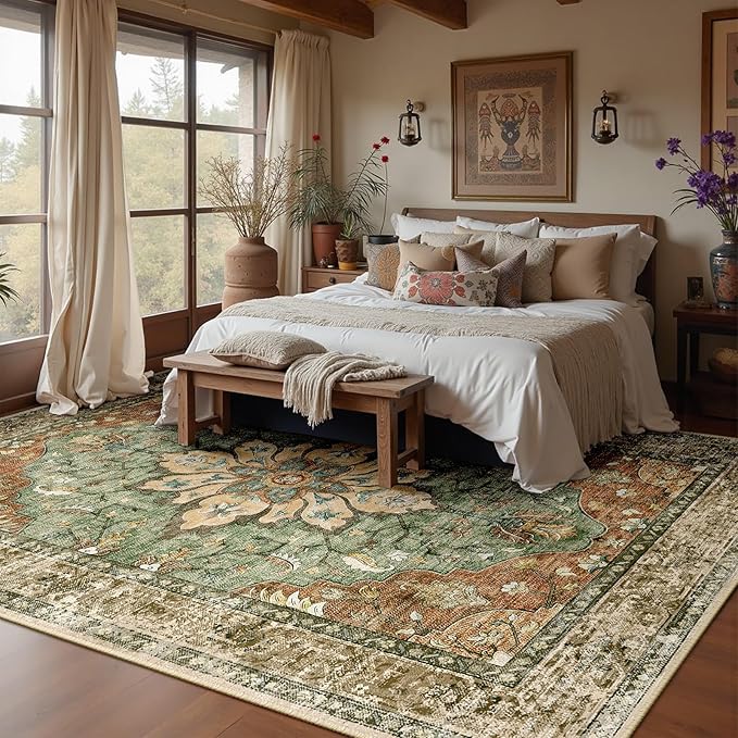 Area Rugs 8'x10' Washable Non-Slip, Floral Vintage Distress Print Pattern - Image 3