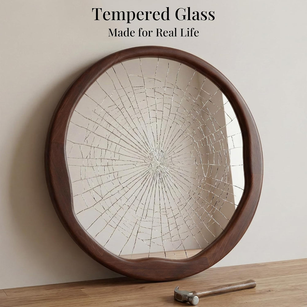 24 Inch Dark Walnut Round Wood Bathroom Mirror, Wavy Inner Edge
