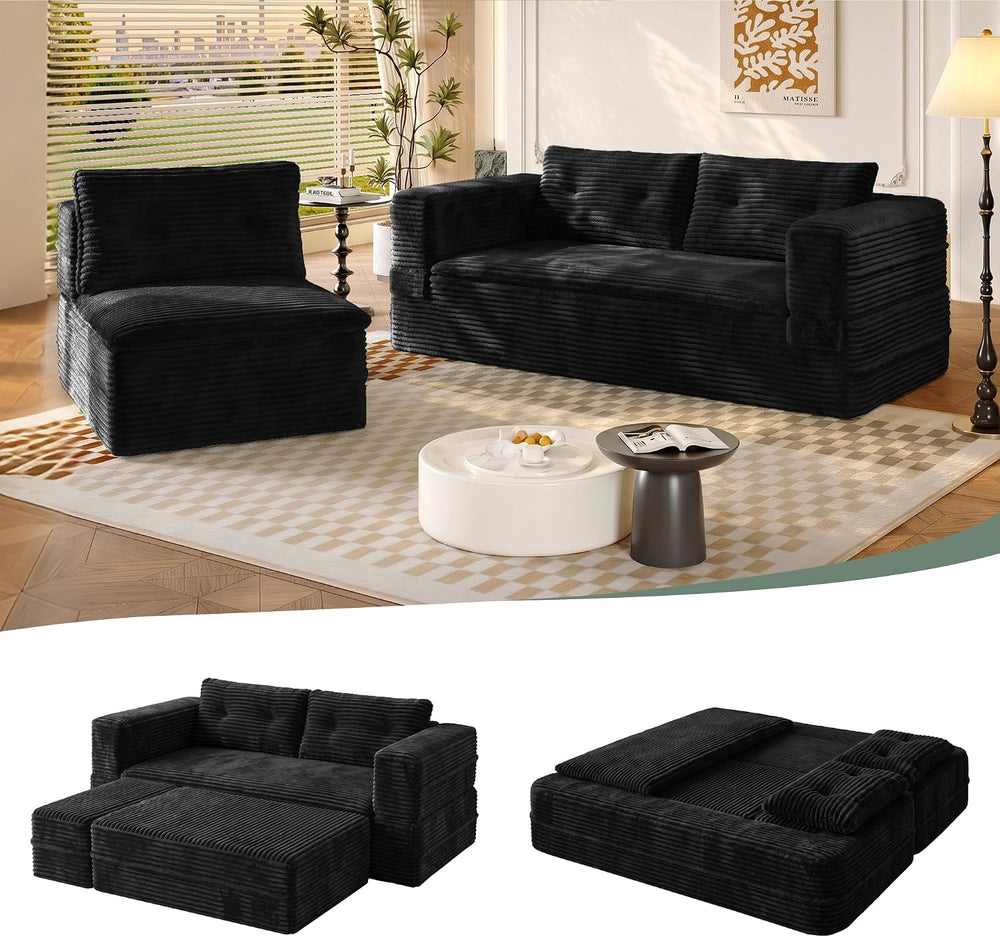 80'' Futon Sofa Bed King Size, Corduroy Boneless Couch Chaise, Black