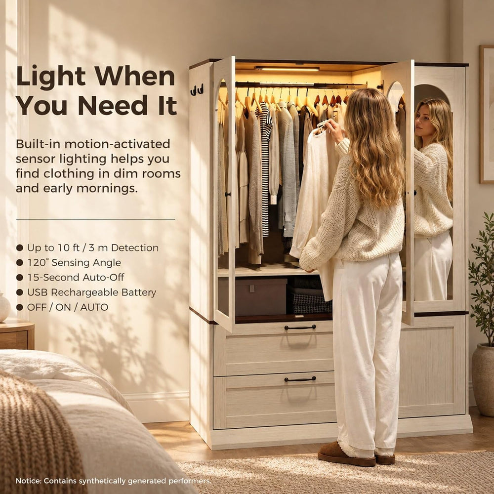 71" H Wardrobe Armoire with Mirror and Sensor Light,Flexible, Antique White
