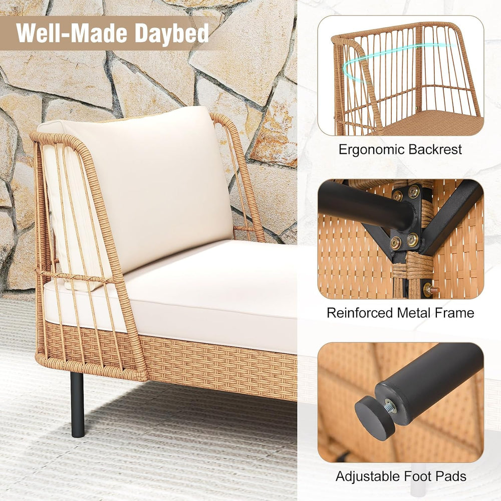 Tangkula Patio Rattan Daybed, Boho Wicker Lounge Sofa, Natural & Off White