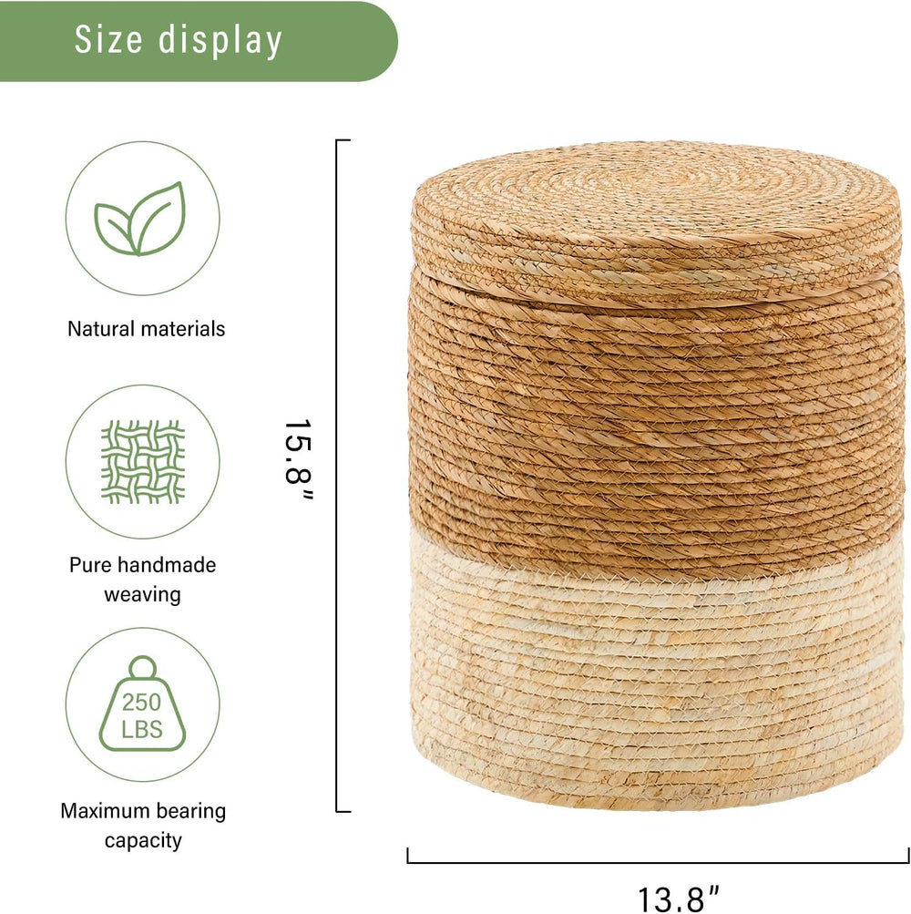 Round Storage Pouf Ottoman Hand Weaving Natural Boho Straw Footstool Pouffe