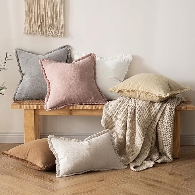 MIULEE Decorative Throw Pillow Covers Neutral Linen Fringe Throw Pillows Euro - Image 2