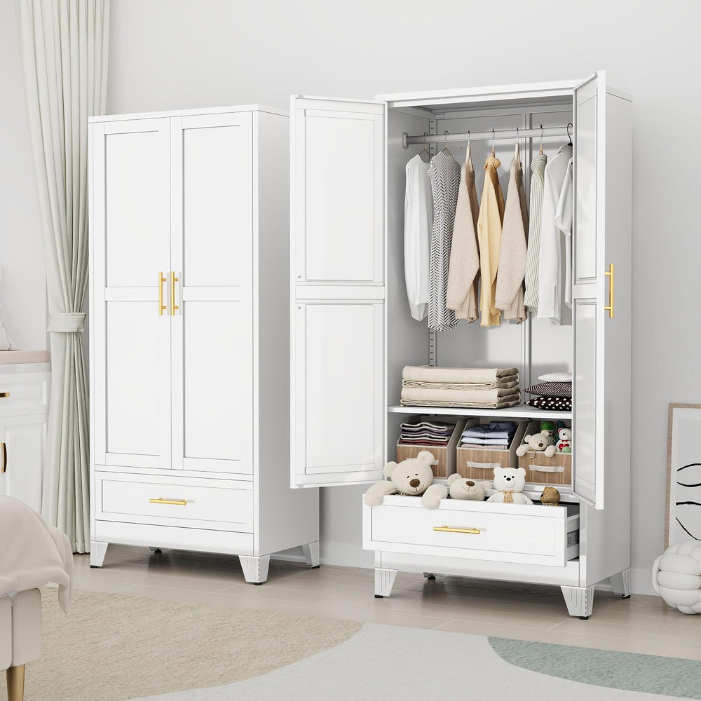 71" White Metal Tall Clothing Storage Armoire Wardrobe