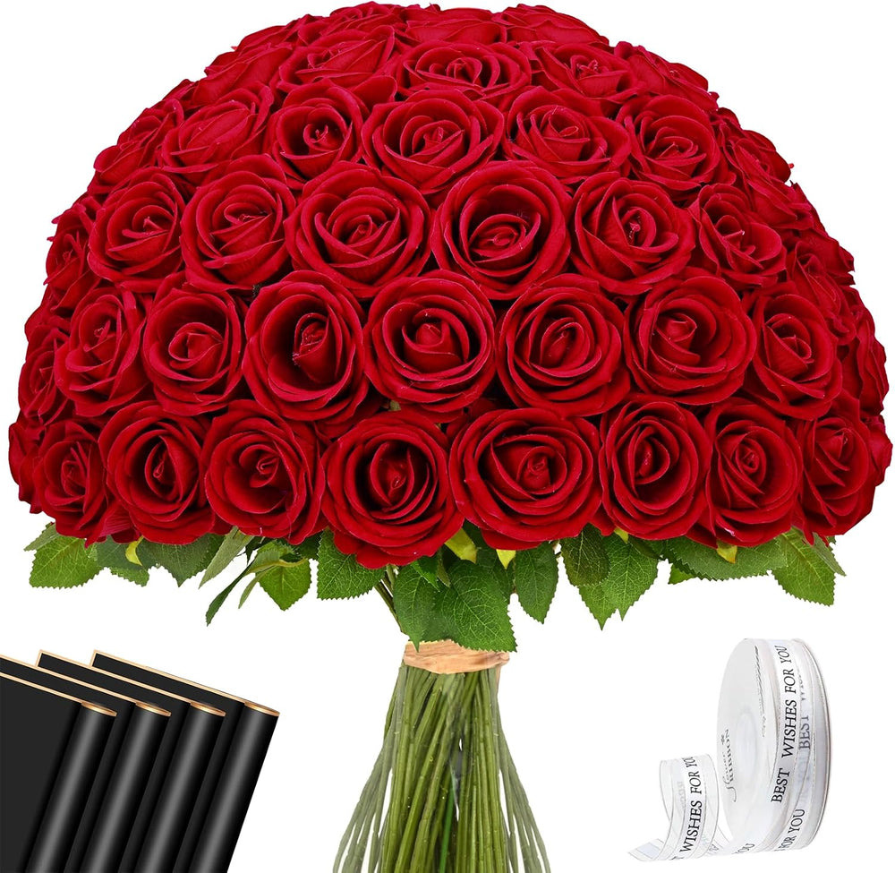 Waipfaru 50 Pcs Red Roses Artificial Flowers