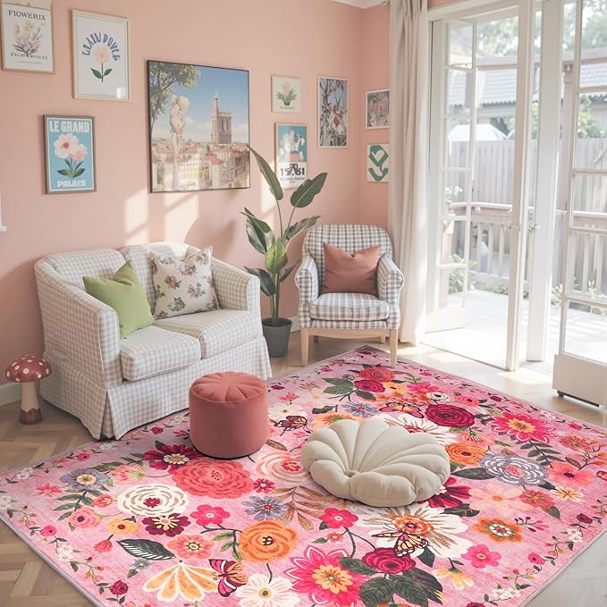 Floral Machine Washable Rug Pink, 3x5 Rug Non Slip Soft Bedroom Rugs - Image 5