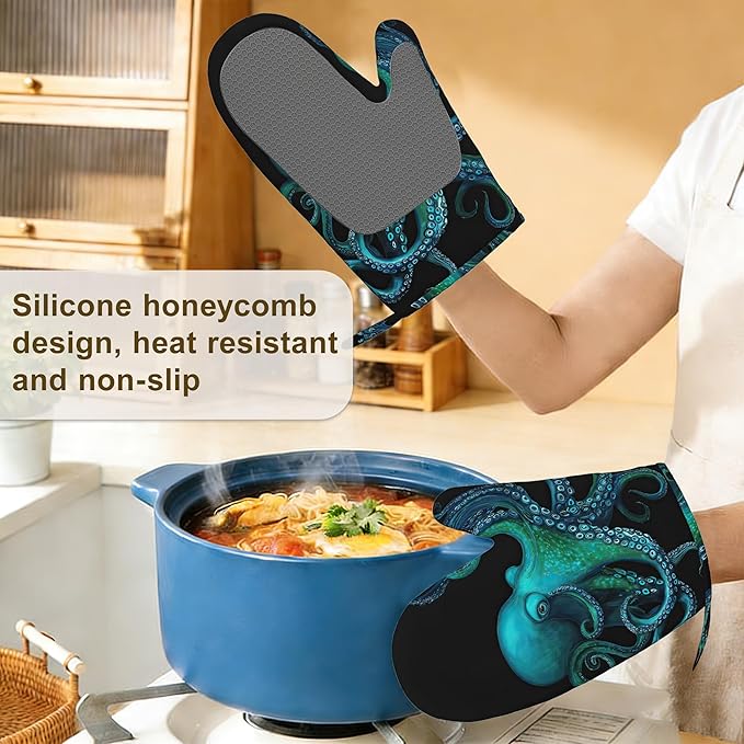 Oven Mitts and Pot Holders Green Octopus Silicone Kitchen Accessories Set of 4 - Image 4