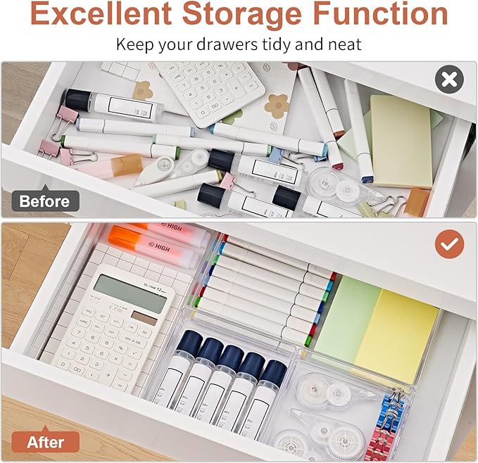 SMARTAKE 6 PCS Clear Plastic Drawer Organizers Set, Large Size Non-Slip Desk - Image 4