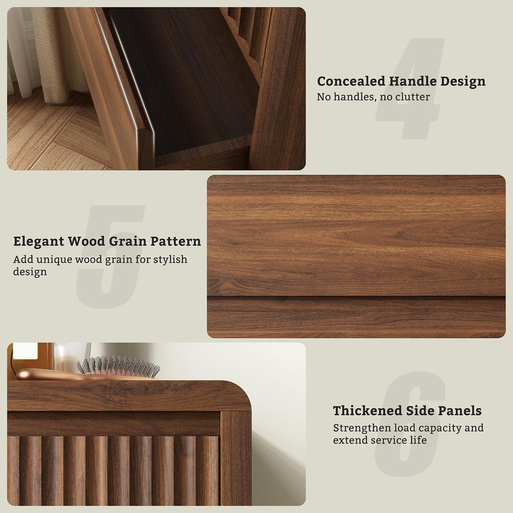 LYNSOM Walnut Fluted 5 Drawer Dresser for Bedroom, Curved Edge, 48" Tall