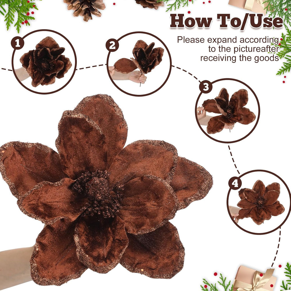 Thiccywoov 8 Pcs Large 12" Christmas Magnolia Flowers, Brown