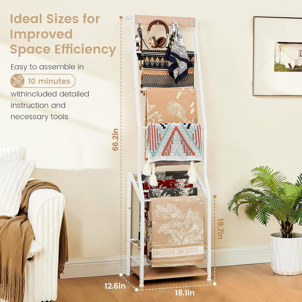 Pinzoveco Blanket Ladder, 7 Tier Wooden Ladder Shelf with Hooks 5.5ft White |...