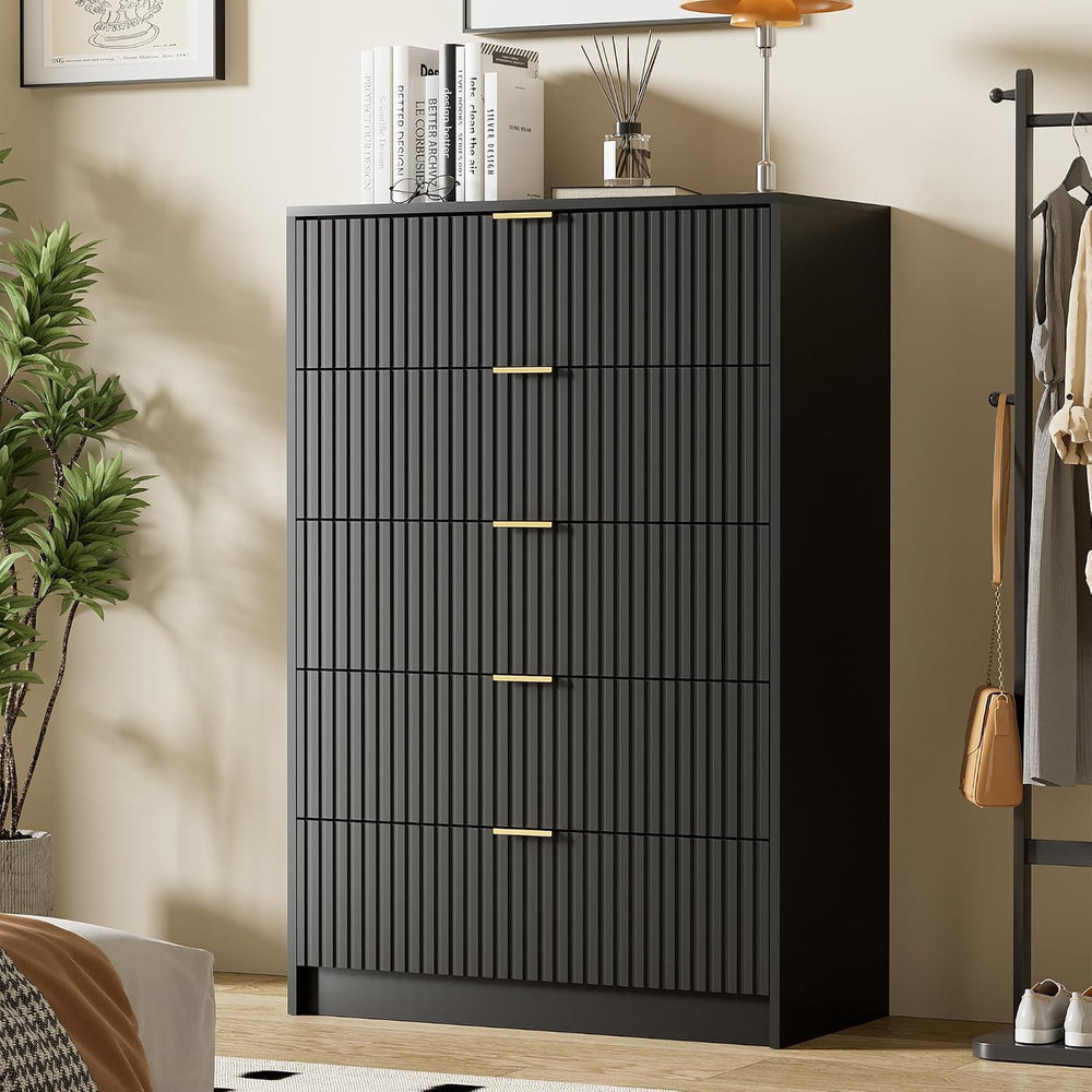 3 Piece Modern Bedroom Set, 5 Drawer Dresser with 2 Nightstands, Black
