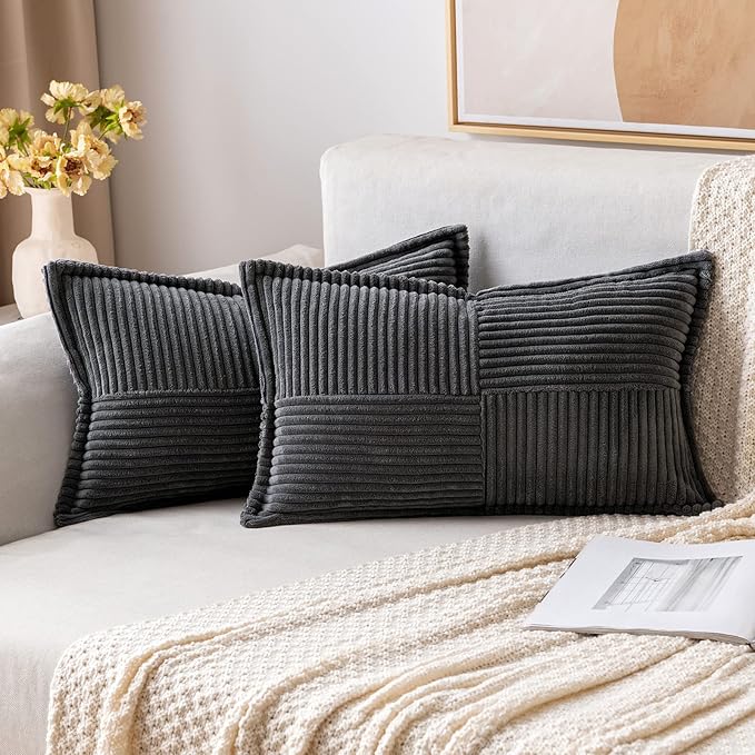 MIULEE Dark Grey Corduroy Lumbar Pillow Covers 12x20 Inch 12x20 Inch by MIULEE