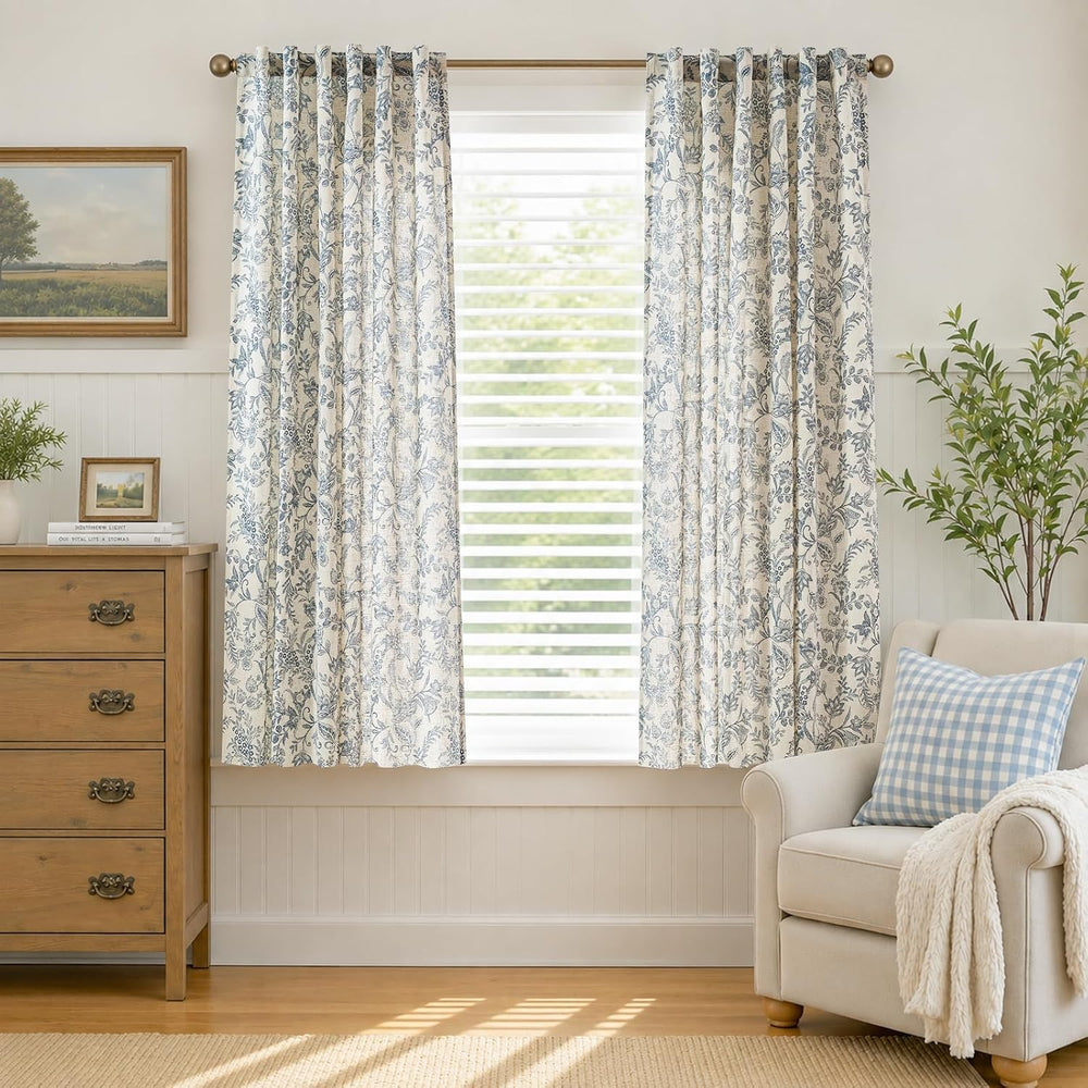 Lazzzy Blue Floral Linen Curtains Farmhouse Rod Pocket 50W X 63L 2 Panels