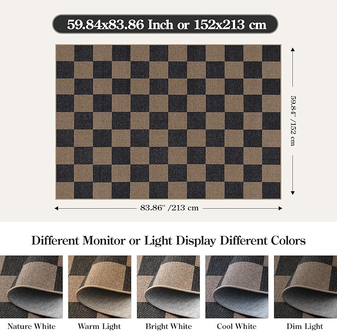 Lahome Checkered Easy Jute Living Room Rugs, 5x7 Black Dining Room Office Rug - Image 2