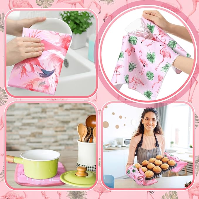 Fourluoo 10 Pcs Flamingo Kitchen Dish Towels Rugs Oven Mitts and Pot Holders - Image 6