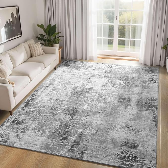 Living Room Rug 5x7 Gray Area Rug Machine Washable Boho Rug Non Slip Abstract by OmpaaHomeDecor