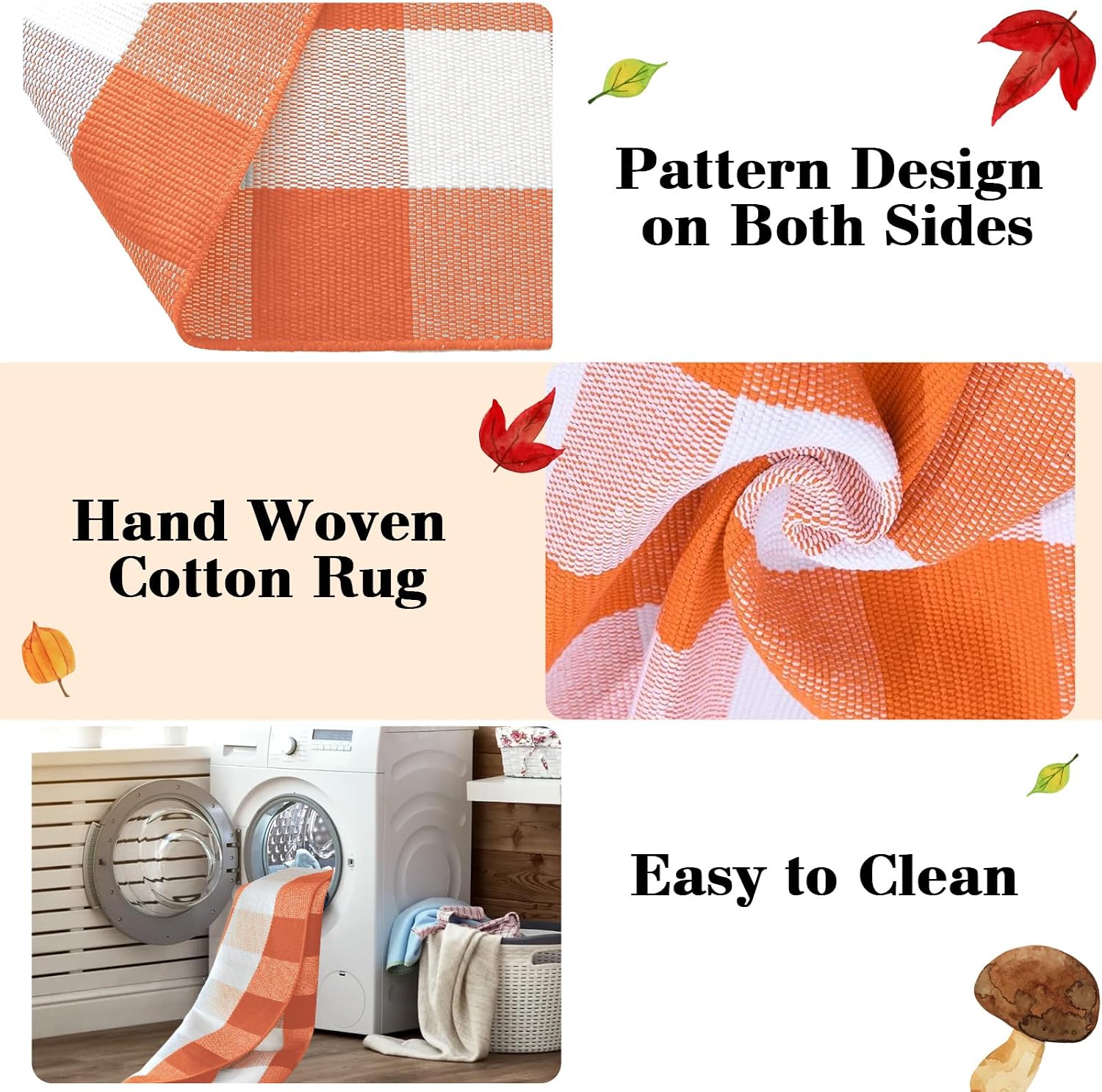 Buffalo Plaid Rug 28 x 43 Inches Fall Outdoor Front Door Decor Mat, Cotton Washable Hand-Woven Rug for Layered Doormat, Autumn Halloween Thanksgiving Carpet for Porch (Orange and White Plaid)
