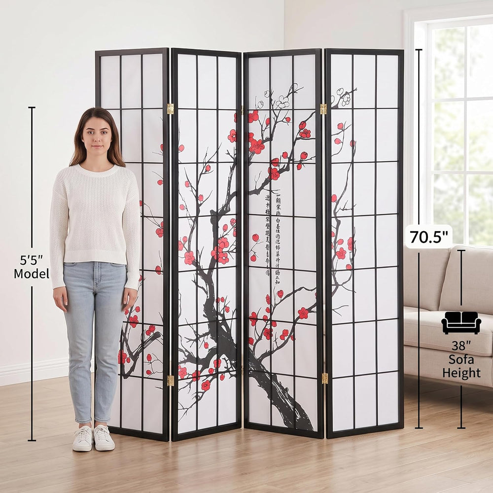 Roundhill Furniture Black Japanese 4-Panel Screen Room Divider, Plum Blossom