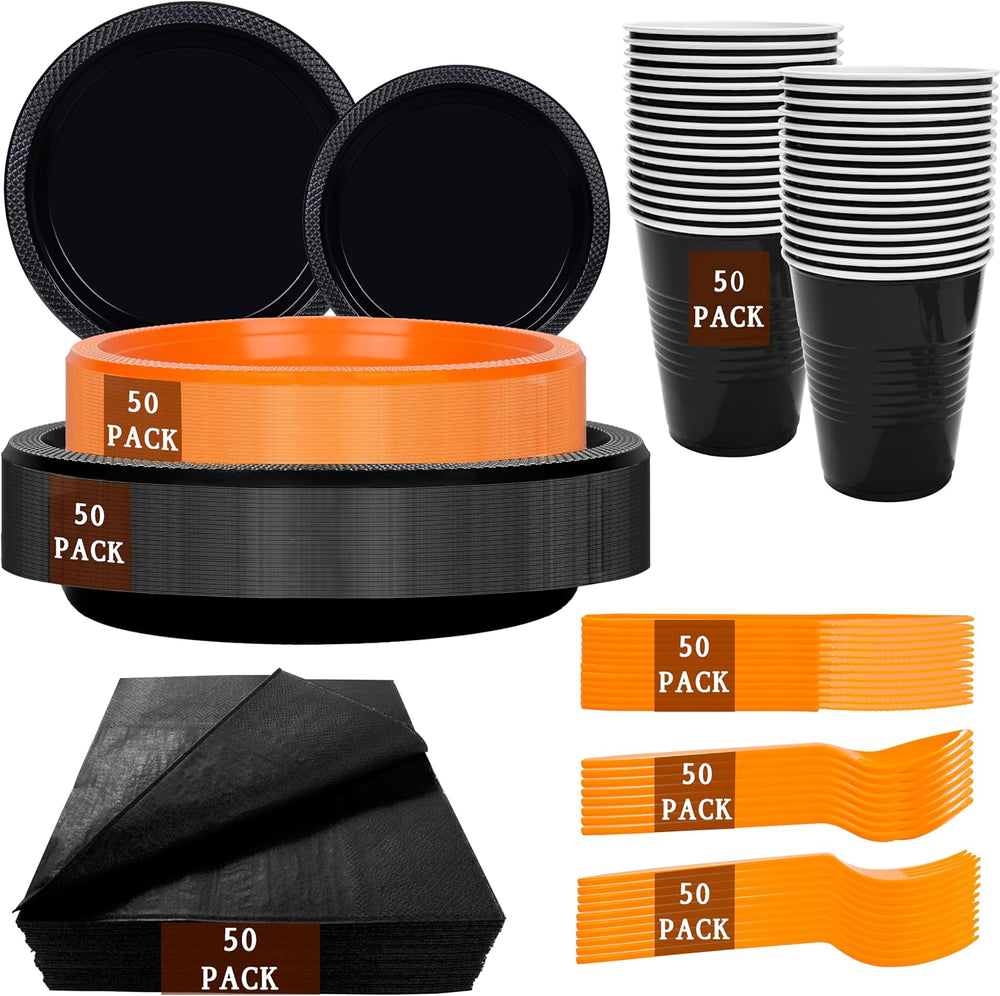 LUODA MirthMood 350PCS black and orange Plastic Plates,Black Disposable Plate...