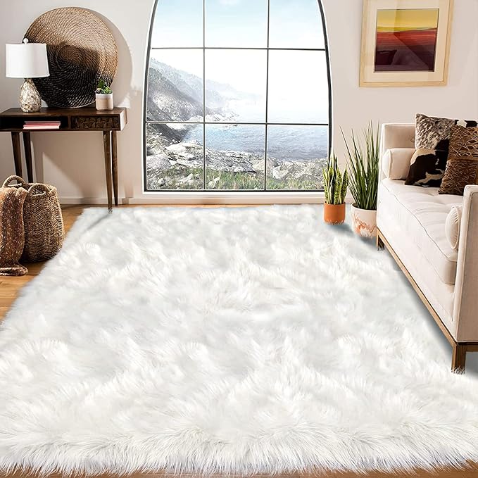 Latepis 12x12 Area Rugs for Bedroom White Faux Fur Rug Washable Super Fluffy - Image 2