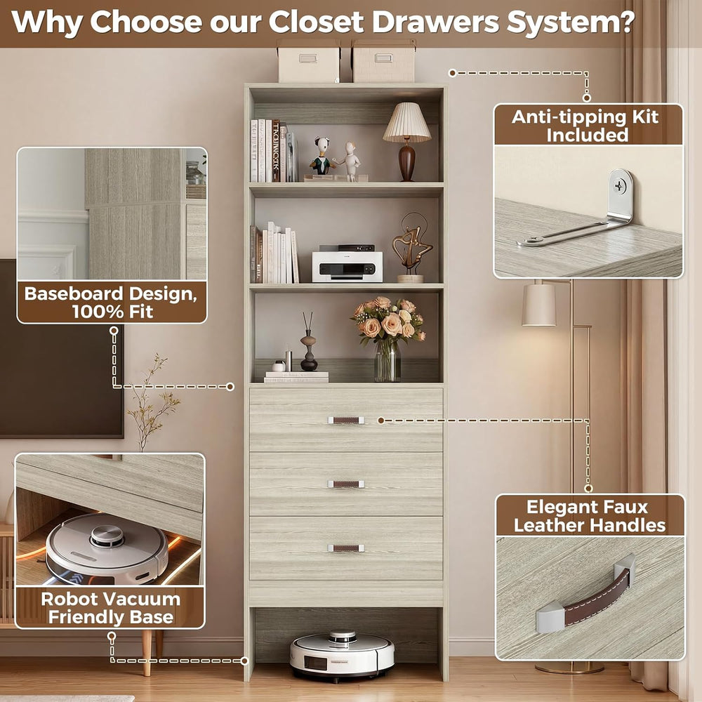Freestanding 7FT Closet System with Leather Handles Set of 4 White Oak