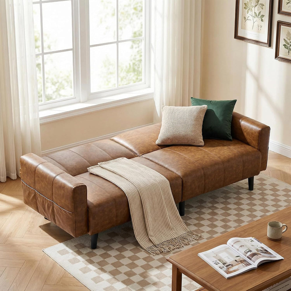 83" Mid Century Modern Faux Leather Sofa, Brown Leather Futon Sofa