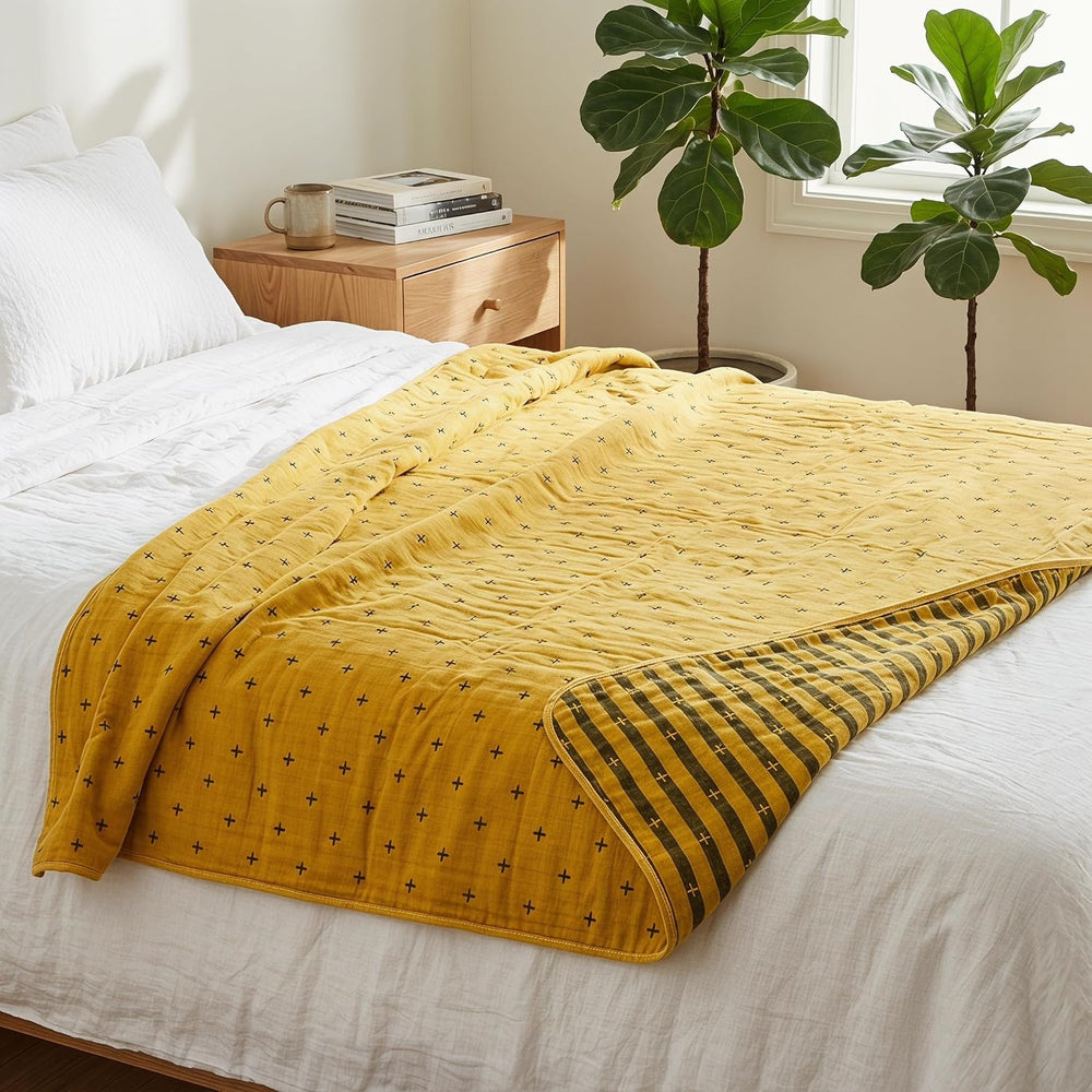 SANACYNA Cotton Muslin Blankets for Adults King 6-Layer Gauze Yellow