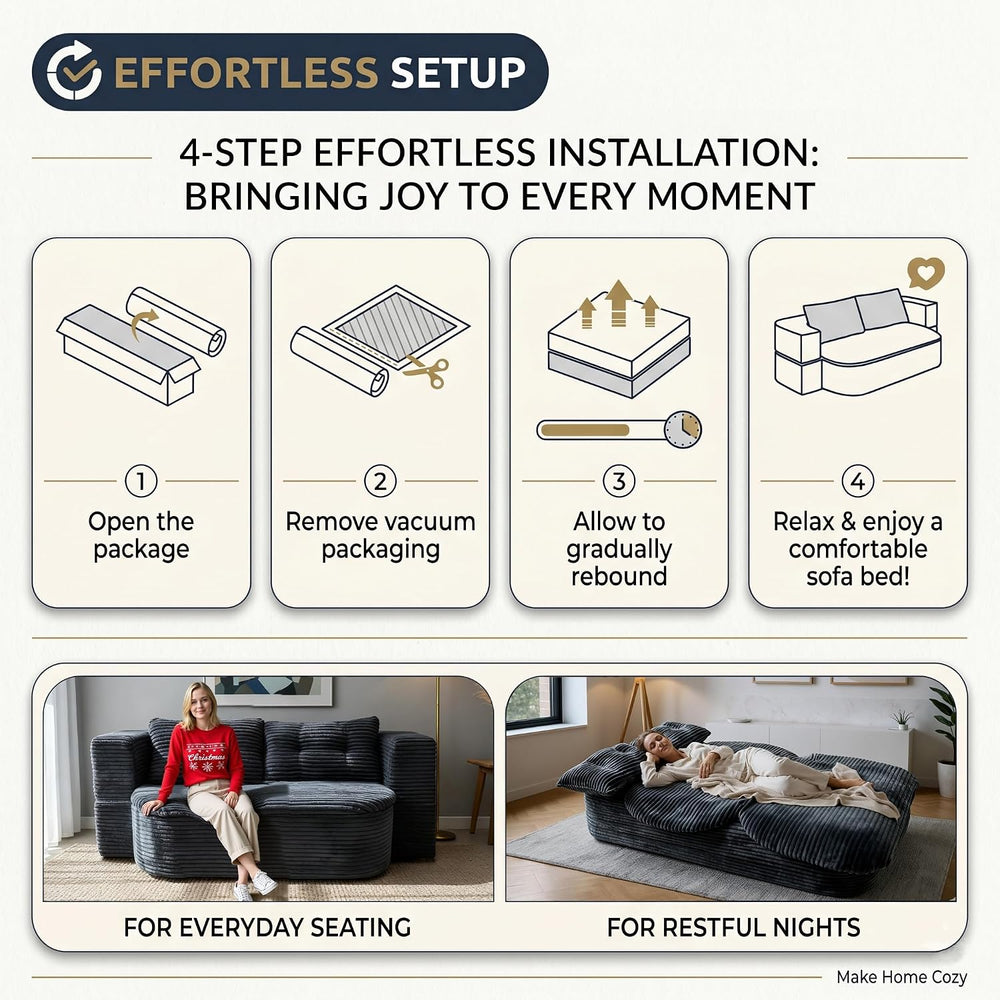 78.7" Futon Sofa Bed, Memory Foam Convertible Couch, Dark Gray