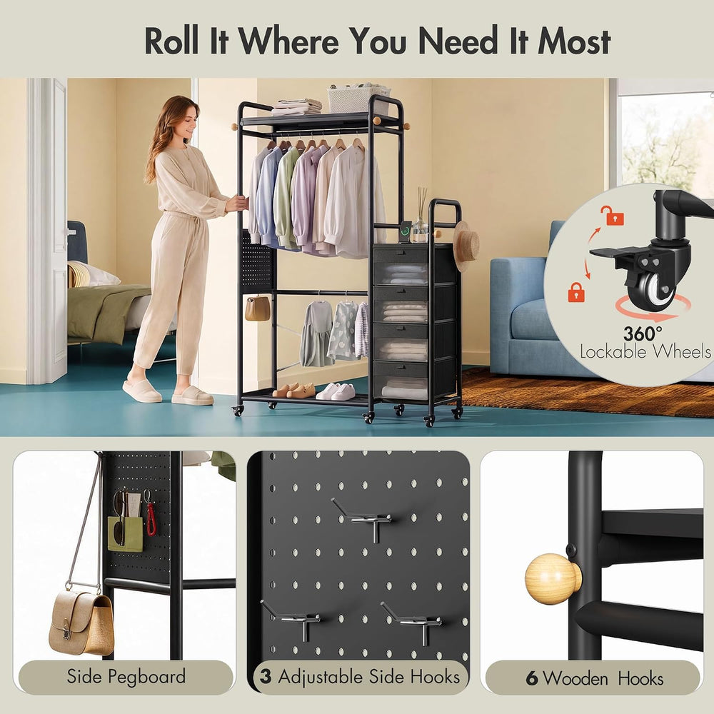 WLIVE Black Dresser with Hanging Rack, 4 Drawer Dresser for Bedroom, Closet