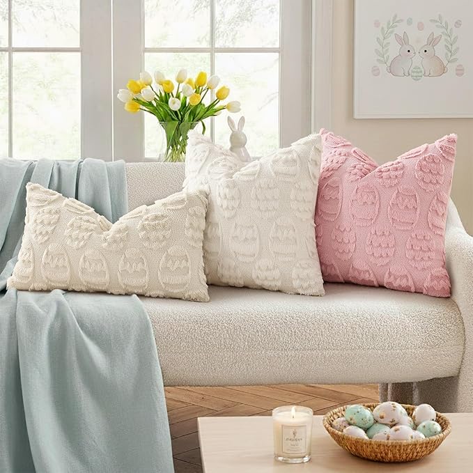 decorUhome Easter Cream White Egg Pillow Covers 18x18 Inch Set of 2, Soft Plush - Image 3