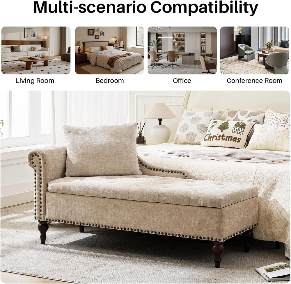 SOFTHION Velvet Chaise Lounge with Storage & Left Armrest,Brown