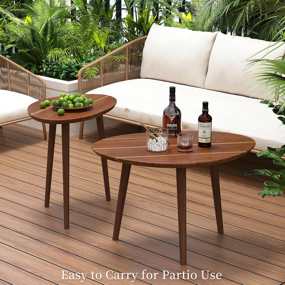 Small Oval Nesting Coffee Tables Set of 2,Solid Acacia Wood Top,Pebble-Shaped...