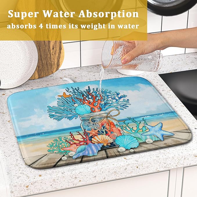 Coastal Coral Dish Drying Mat 16x18 inch Starfish Shell Fast Dry Microfiber - Image 7