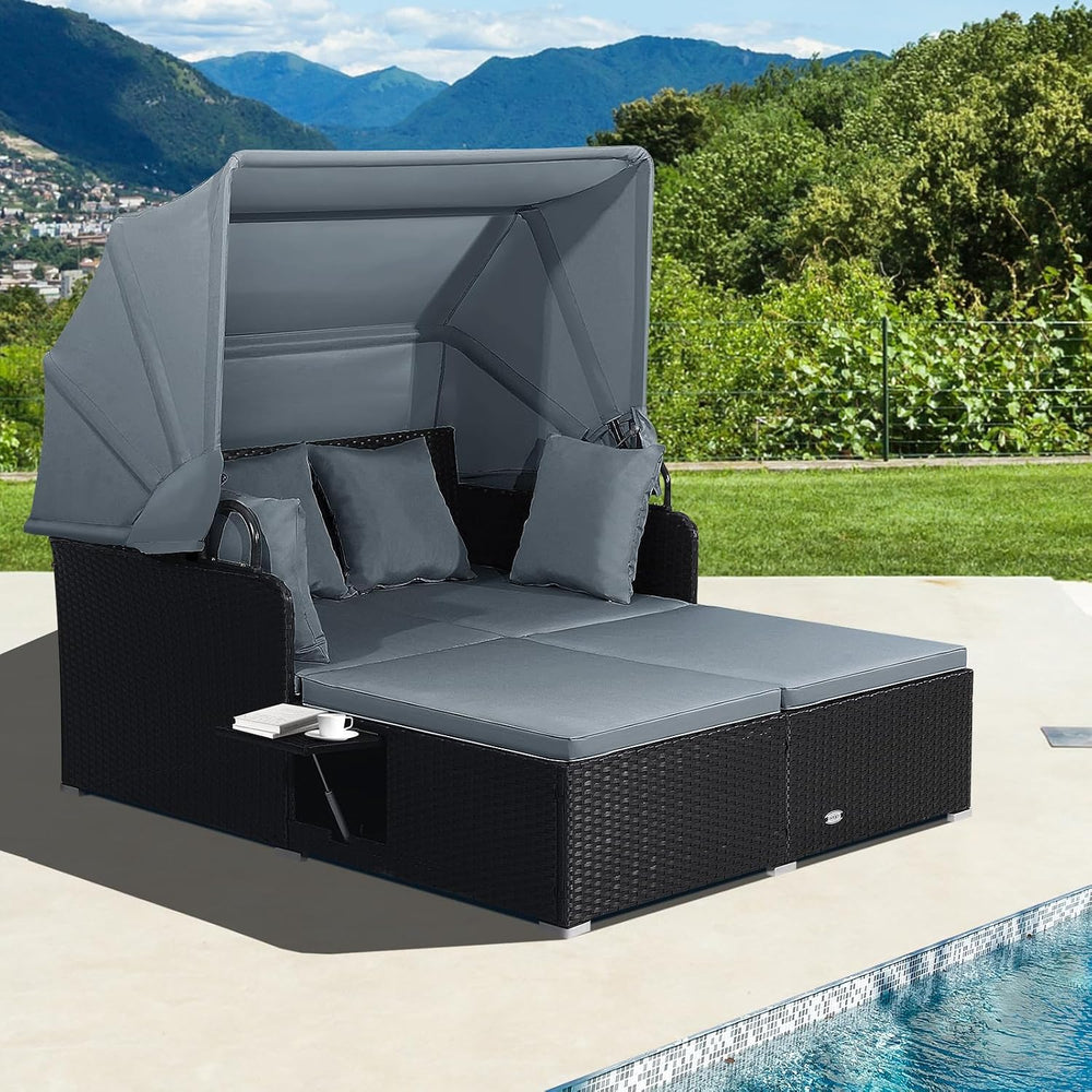 Moccha Outdoor Daybed with Retractable Canopy, Wicker Cabana with 2 Side Tabl...