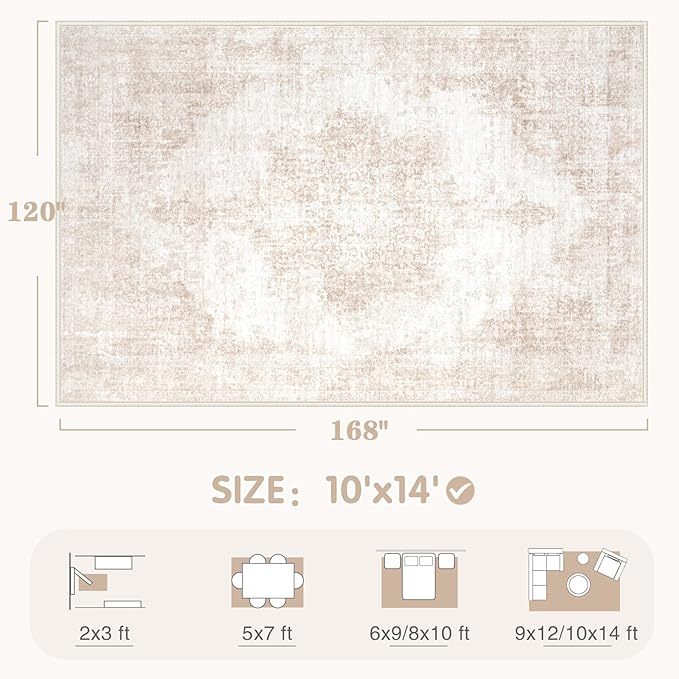 Area Rug 10x14 Vintage Rugs: Large Washable Living Room Rug Retro Medallion - Image 2