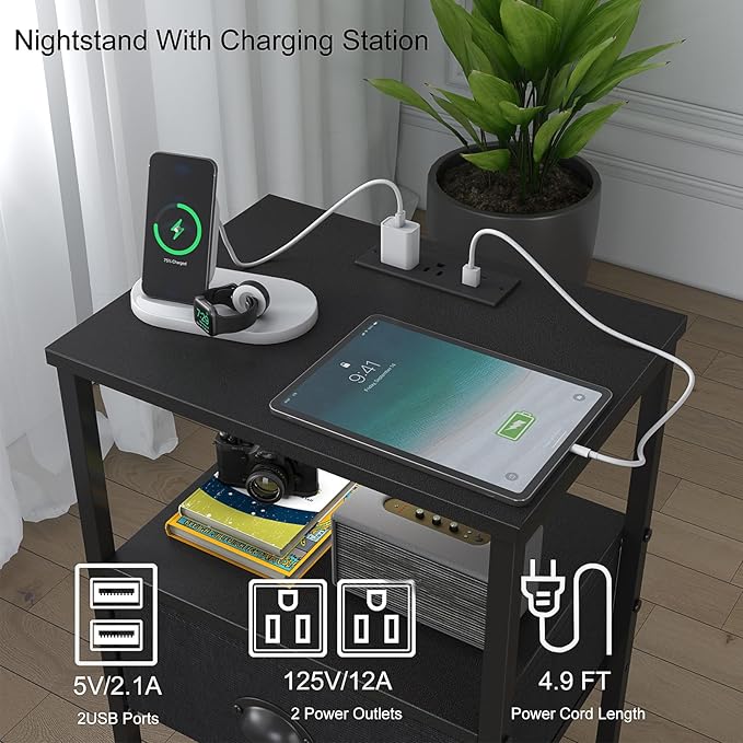 Sthmec Nightstands Set of 2, LED Bedside Tables with Charging Station and Fab...