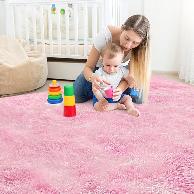 Tie-Dye Pink Rug for Living Room 5x8ft Fluffy Modern Shag Area Rug Mat Bedside - Image 2