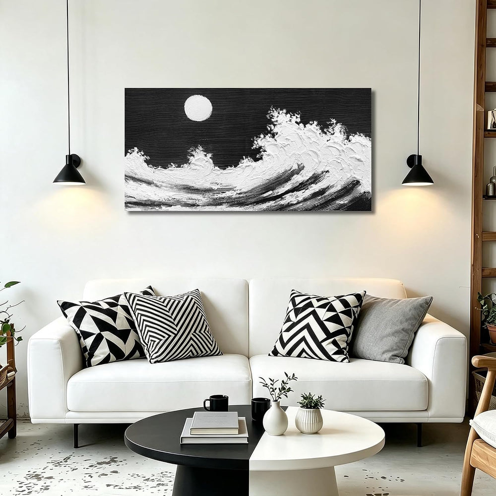 HUBOSKN Wave Painting Wall Art for Office Black White Decor for Bedroom 24 X ...
