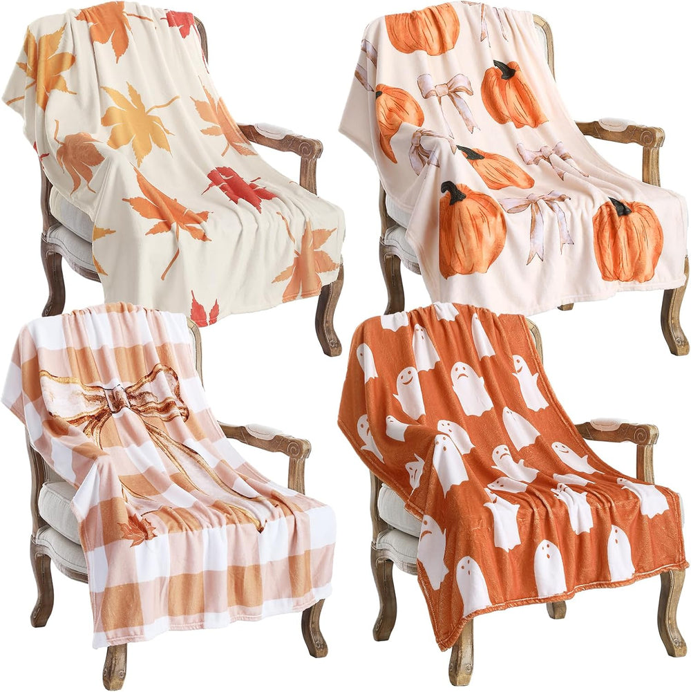 4 Pcs Fall Throw Blankets Bulk, Autumn Flannel Blanket, 40x50 in