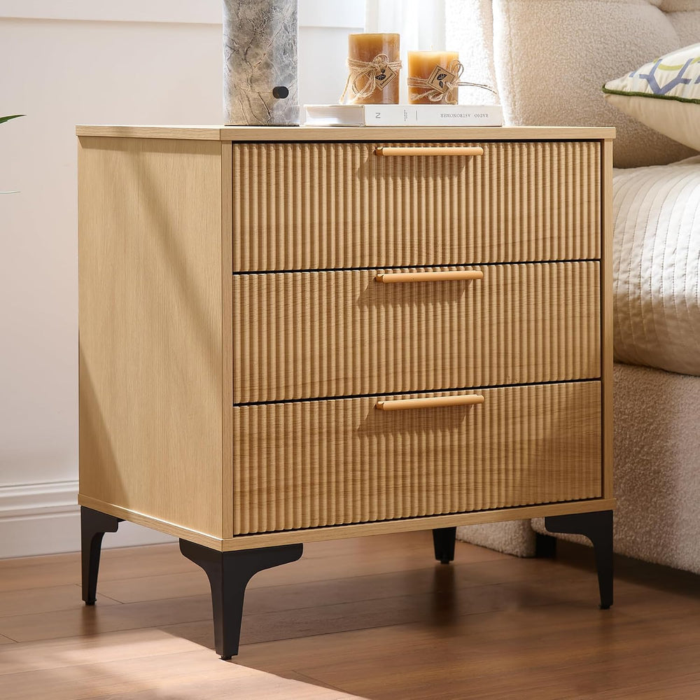 Fluted Nightstand, 23" Wide Accent Side Table with 3 Large Storage Drawers