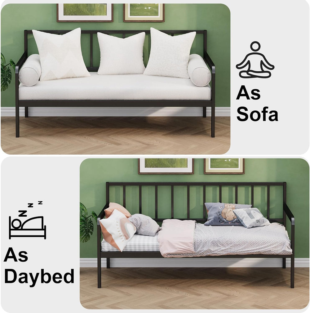 Lutown-Teen Twin Daybed Frame, Metal DayBeds, Heavy-Duty Steel Slats, Black