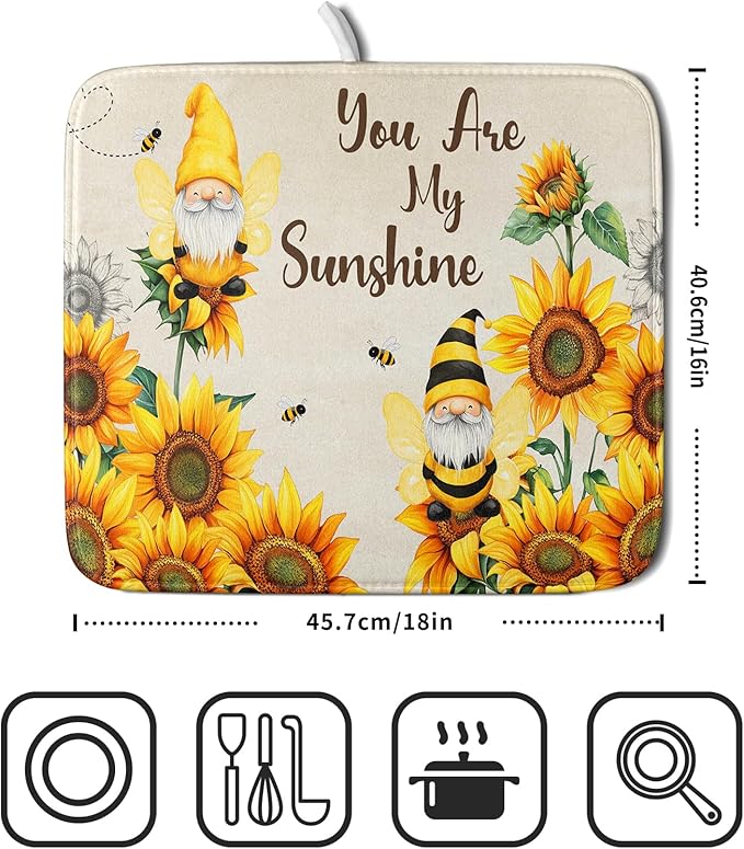 Giwawa Bee Gnomes Dish Drying Mat, Summer Sunflowers Elf Dish Drainer Mats - Image 2