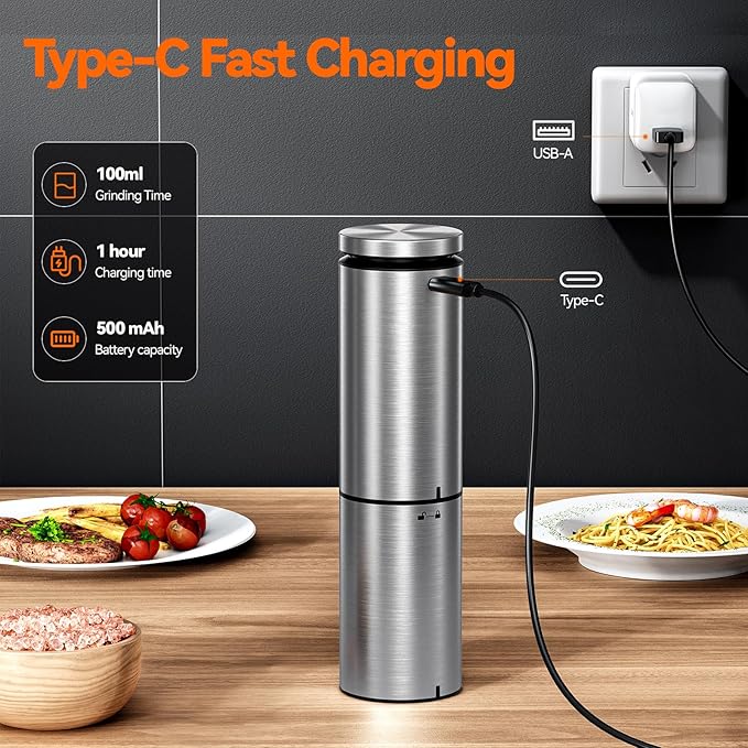 VOXON Update Electric Salt and Pepper Grinder Set Rechargeable Stainless Steel - Image 2